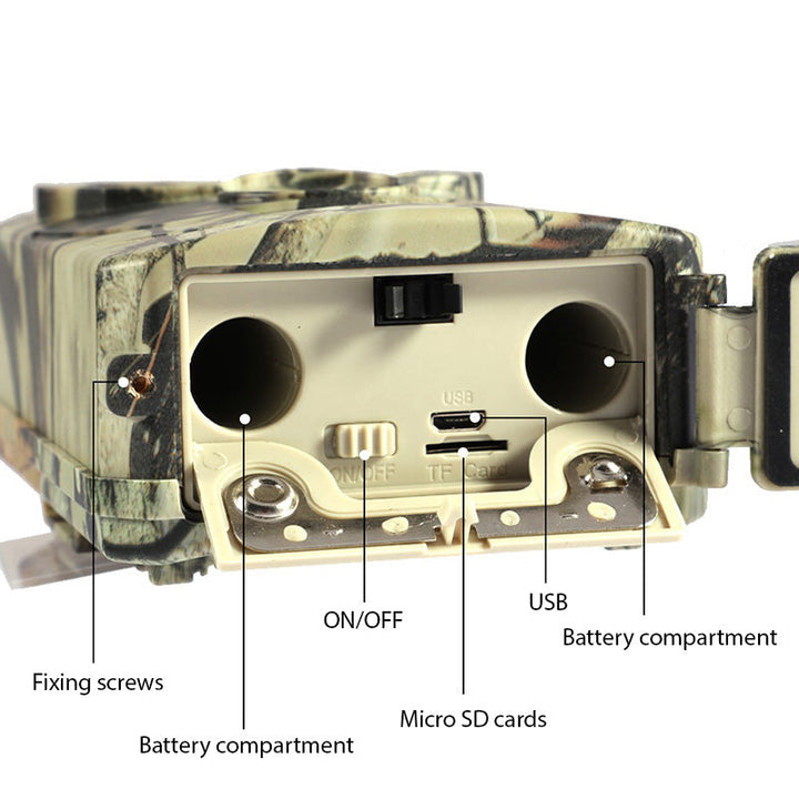 "HD wildlife trail camera with motion detection, captures day/night images; rugged design, compact for outdoor use."