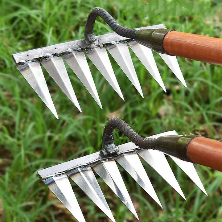 "Heavy-Duty Lawn Rake with stainless steel tines for weeding; angled V-shaped tines, durable garden maintenance tool."