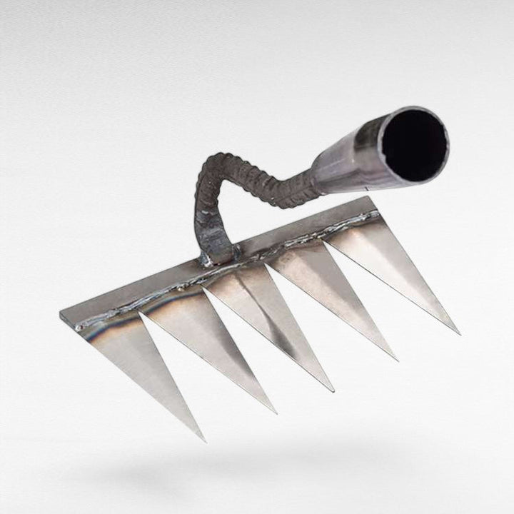 "Heavy-Duty Lawn Rake with stainless steel tines for weeding; angled V-shaped tines, durable garden maintenance tool."