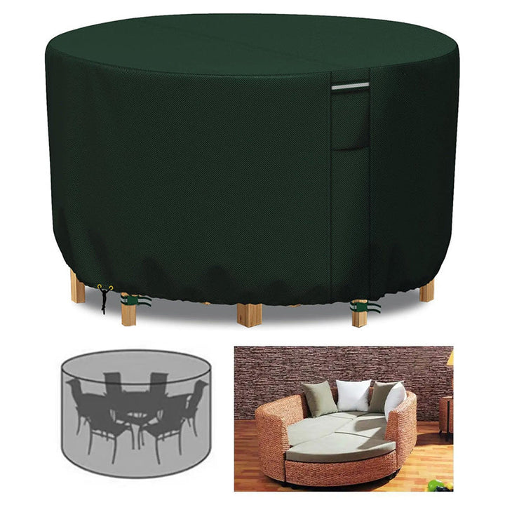 "Heavy-duty round outdoor furniture cover with air vent, waterproof 600D Oxford cloth, ideal for garden tables."