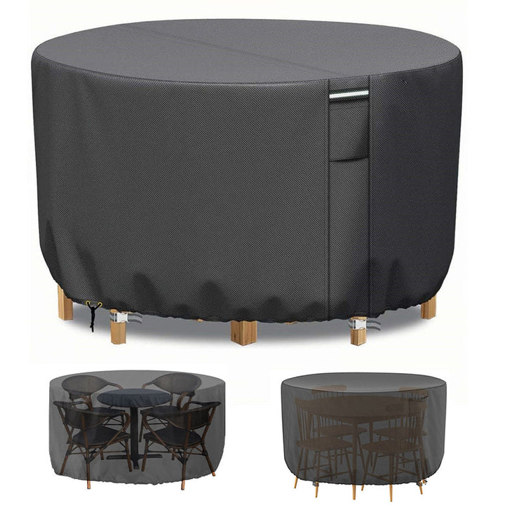 "Heavy-duty round outdoor furniture cover with air vent, waterproof 600D Oxford cloth, ideal for garden tables."