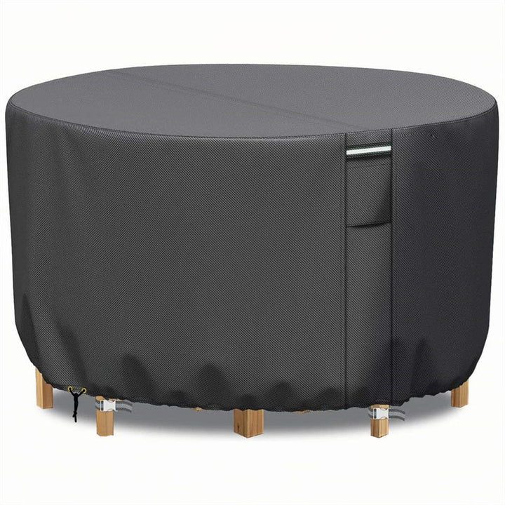 "Heavy-duty round outdoor furniture cover with air vent, waterproof 600D Oxford cloth, ideal for garden tables."