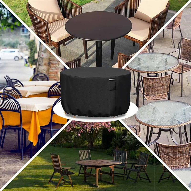 "Heavy-duty round outdoor furniture cover with air vent, waterproof 600D Oxford cloth, ideal for garden tables."