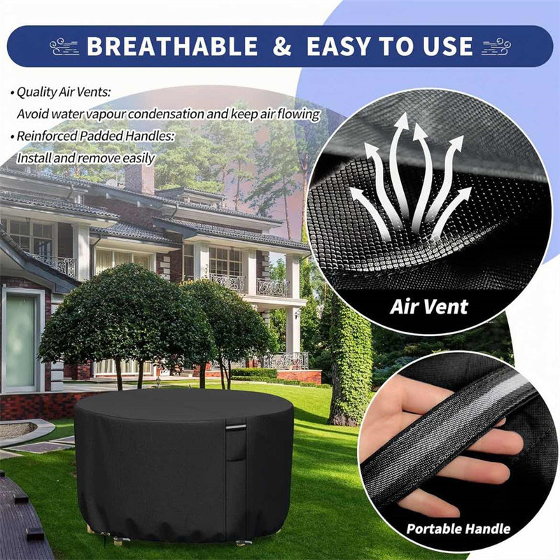 "Heavy-duty round outdoor furniture cover with air vent, waterproof 600D Oxford cloth, ideal for garden tables."