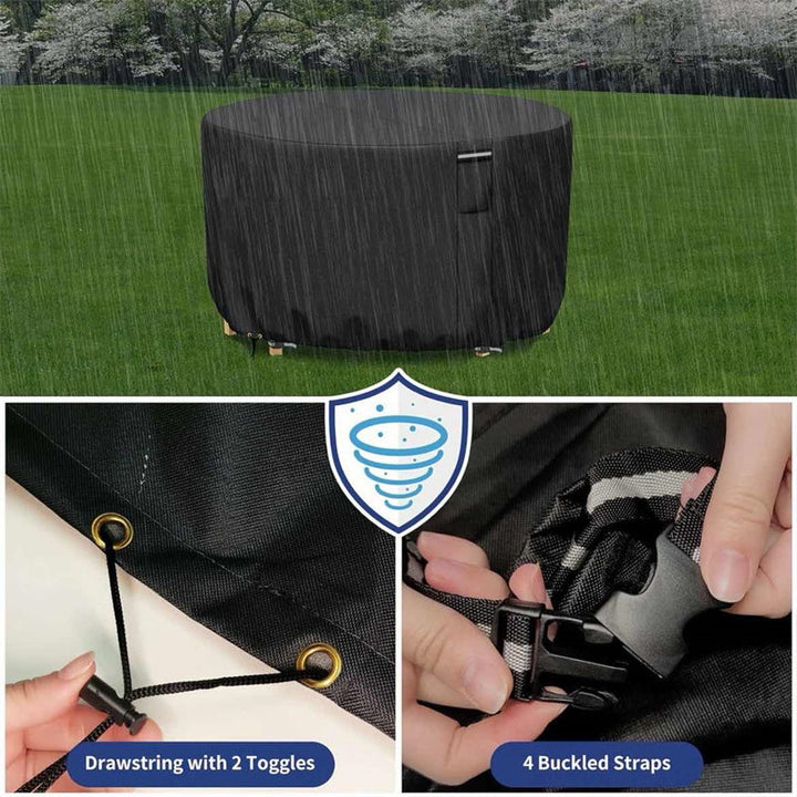 "Heavy-duty round outdoor furniture cover with air vent, waterproof 600D Oxford cloth, ideal for garden tables."
