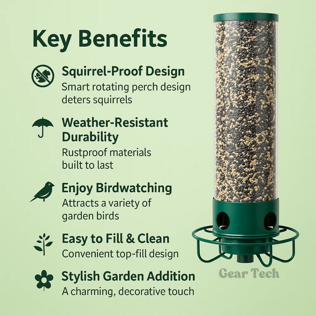 "Heavy-duty squirrel-proof bird feeder with metal weather-resistant design and rotating perch in garden setting."