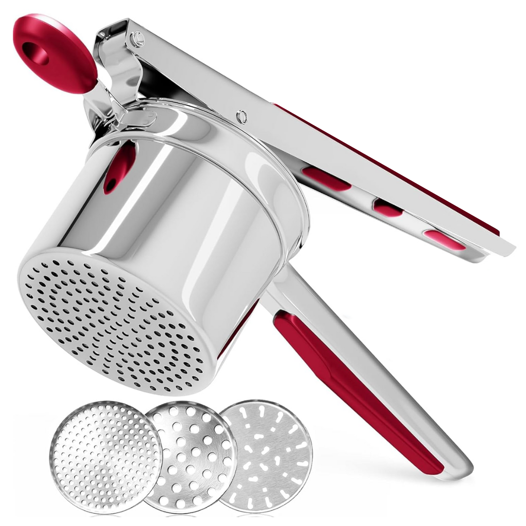Durable stainless steel potato masher, essential kitchen tool for creamy mashed potatoes.