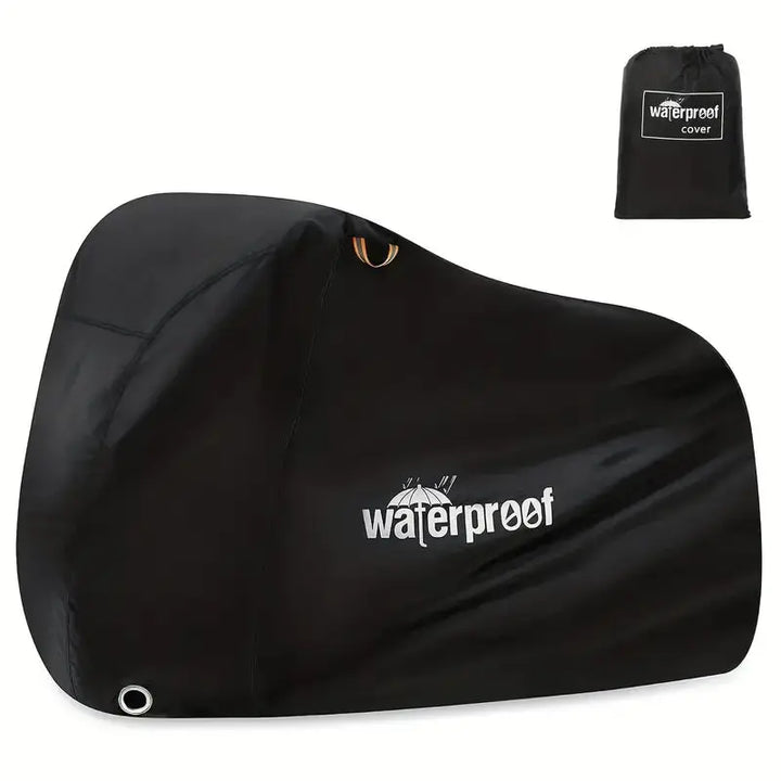 "Heavy-duty waterproof bicycle cover, black and gray, protecting bikes from weather with adjustable straps for secure fit."