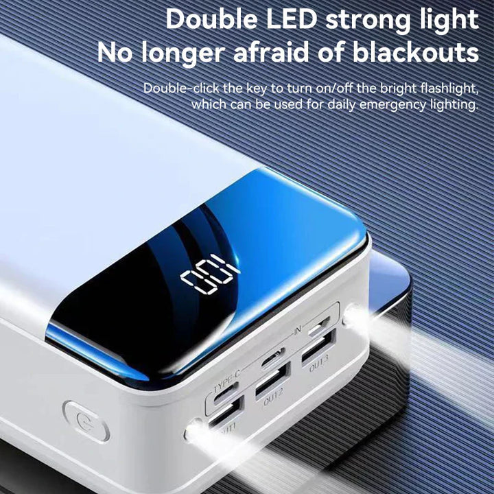 "High capacity portable power bank, sleek black design, for charging phones, tablets, and laptops on the go efficiently."