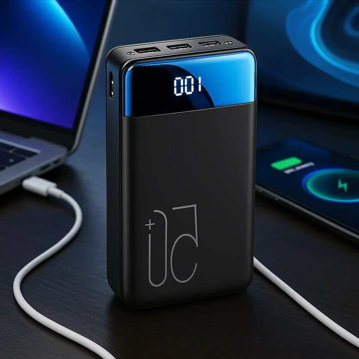 "High capacity portable power bank, sleek black design, for charging phones, tablets, and laptops on the go efficiently."