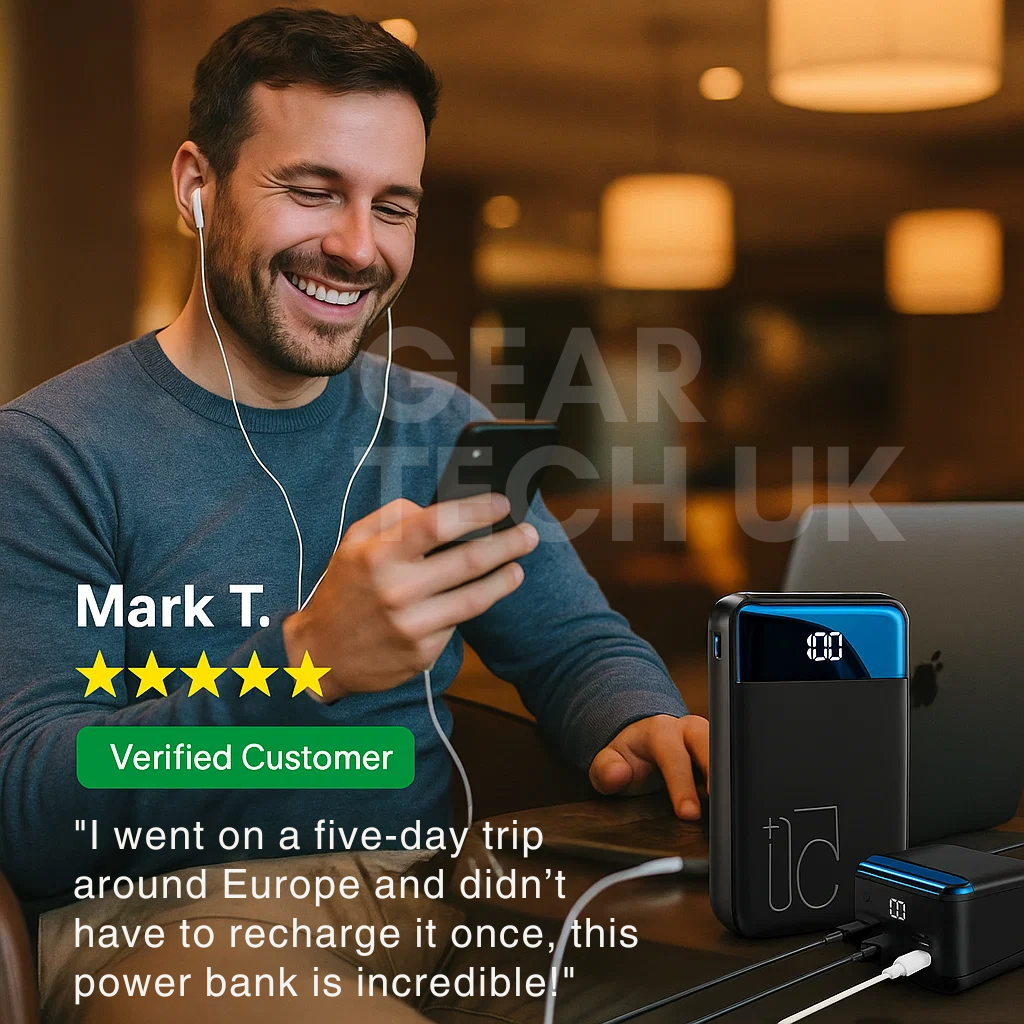 "High capacity portable power bank, sleek black design, for charging phones, tablets, and laptops on the go efficiently."