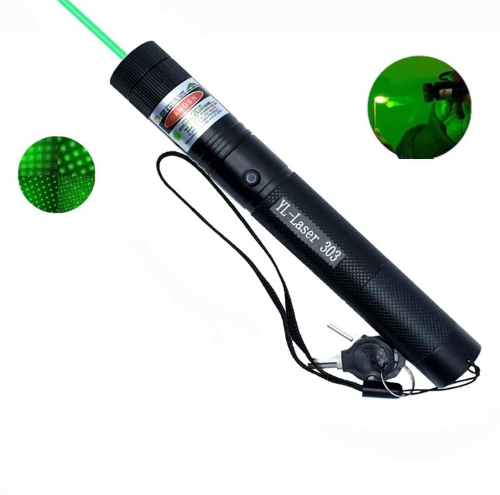 "High-intensity portable laser pointer with bright green beam, ideal for presentations and outdoor use. Compact and durable."