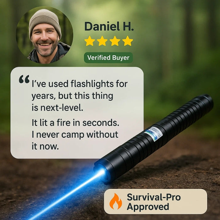 High-intensity waterproof laser torch, blue beam, ideal for outdoor, camping, and hiking, front view, light up the night.