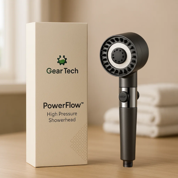 "High-pressure showerhead with enhanced filtration, sleek silver design, boosts water pressure, and fits standard shower hose