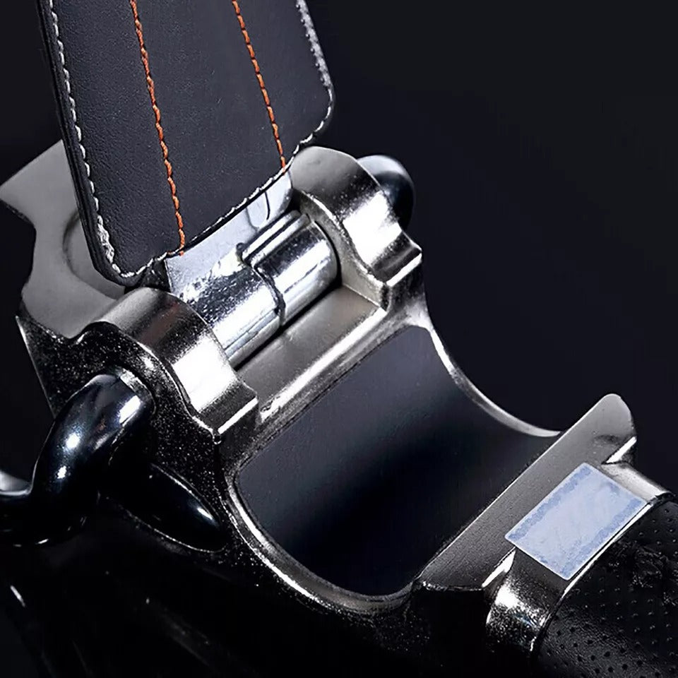 "High-visibility silver-black steering wheel lock with universal fit, durable steel-aluminum build, protects from theft."