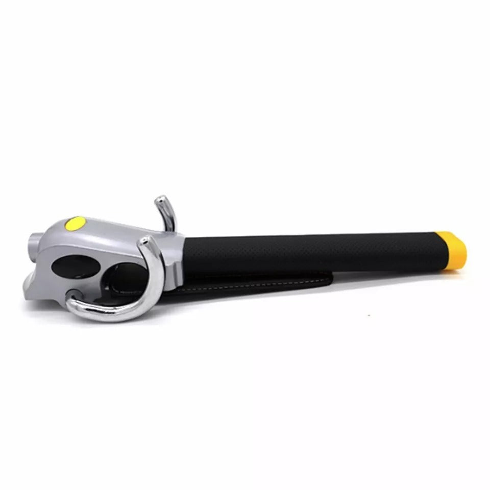 "High-visibility silver-black steering wheel lock with universal fit, durable steel-aluminum build, protects from theft."
