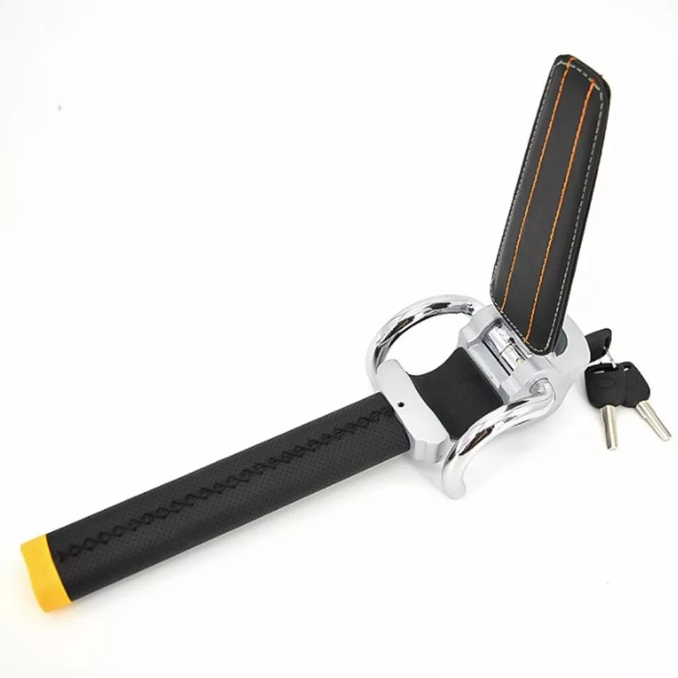 "High-visibility silver-black steering wheel lock with universal fit, durable steel-aluminum build, protects from theft."