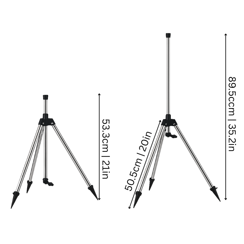 "HydroSpin 360° Adjustable Garden Sprinkler with height-adjustable tripod, stainless steel, offering full lawn coverage."