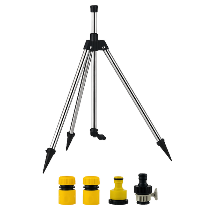 "HydroSpin 360° Adjustable Garden Sprinkler with height-adjustable tripod, stainless steel, offering full lawn coverage."