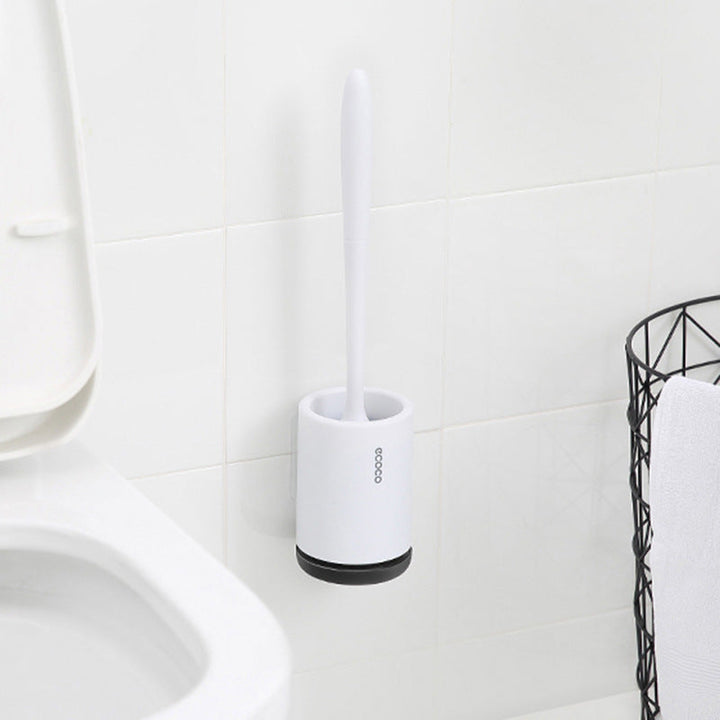 "Hygienic silicone toilet brush with holder, non-scratch bristles, white handle, wall-mounted and floor-standing options."