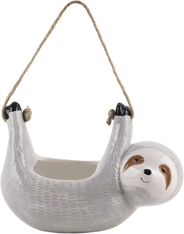 Ceramic Sloth Hanging Flowerpot with Hemp Rope for Home Decor