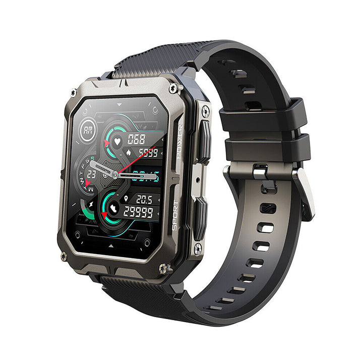 Indestructible smartwatch for extreme conditions, stainless steel case, gorilla glass, shock-resistant, rugged design.