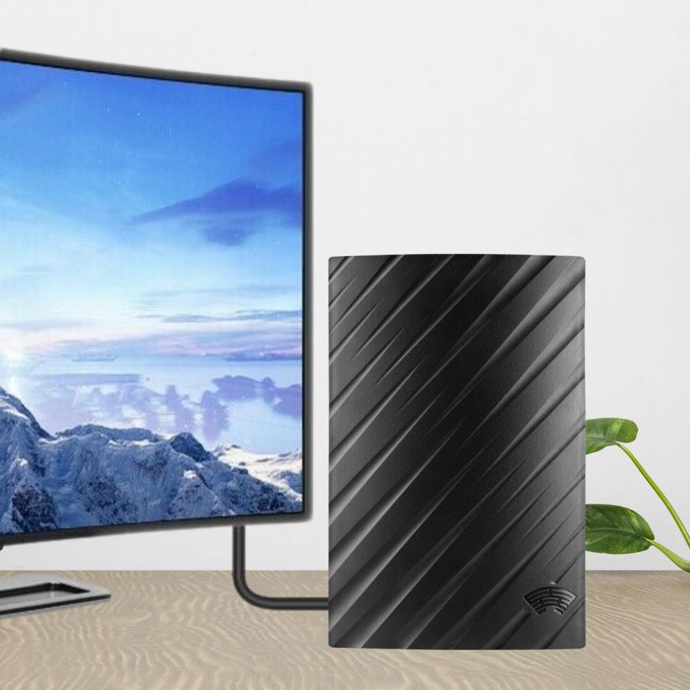 "Indoor 4K HDTV antenna, sleek black design, up to 600 miles range, with coaxial cable, fits modern living spaces."