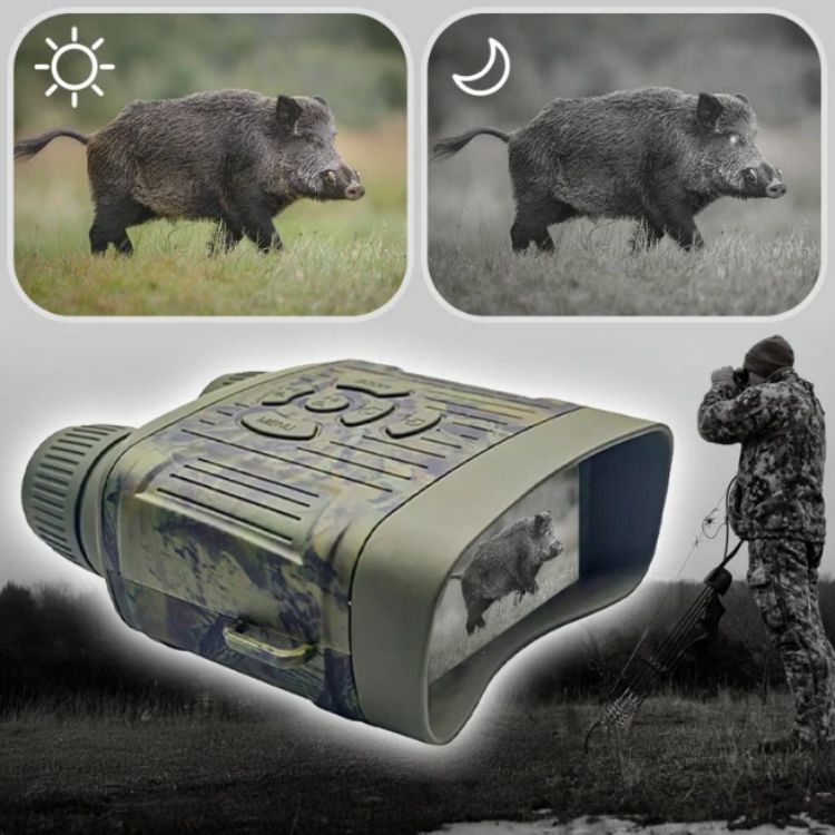 Infrared night vision binoculars with HD display, 305m range, rugged and compact design, for wildlife and night patrol use.