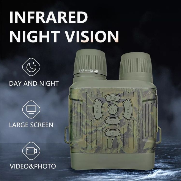 Infrared night vision binoculars with HD display, 305m range, rugged and compact design, for wildlife and night patrol use.