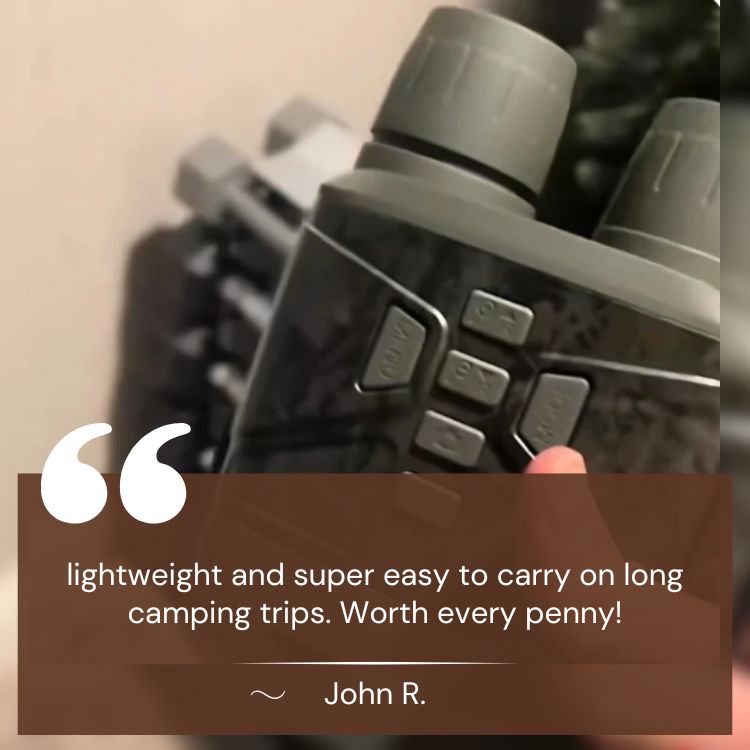 Infrared night vision binoculars with HD display, 305m range, rugged and compact design, for wildlife and night patrol use.
