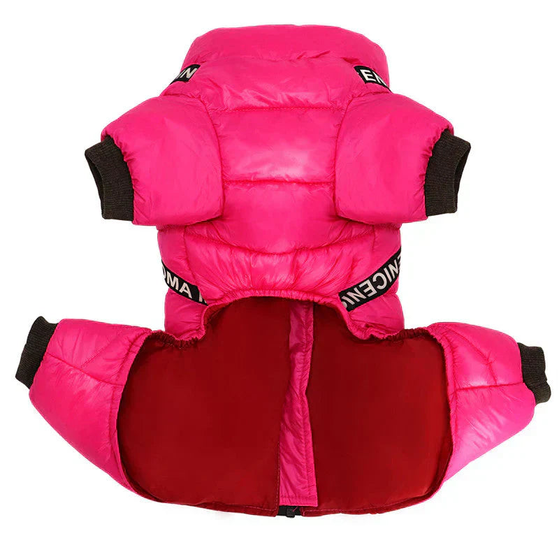 "Insulated waterproof dog winter coat in blue, showcasing cozy design with D-ring for leash, ideal for snowy adventures."