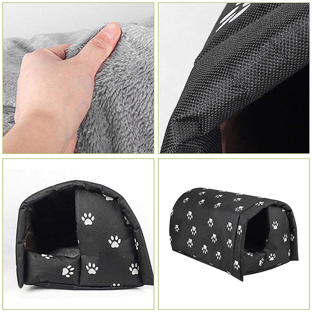"Insulated waterproof outdoor cat house with all-weather protection, cozy interior, and removable cushion for easy cleaning."