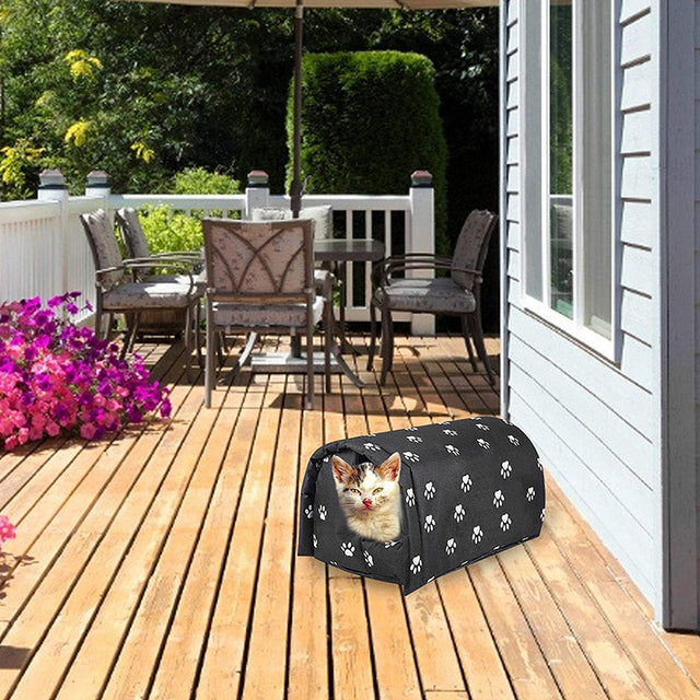 "Insulated waterproof outdoor cat house with all-weather protection, cozy interior, and removable cushion for easy cleaning."
