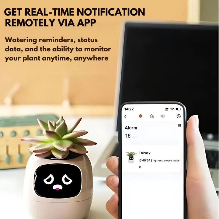 "Interactive AI Plant Pot with sleek design, smart care features, and over 70 visual expressions, perfect for tech-savvy plan