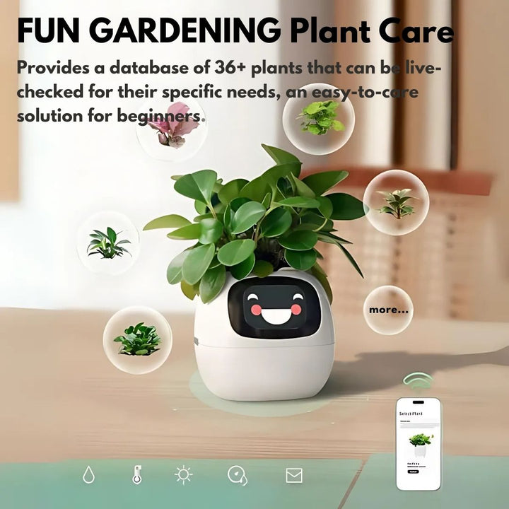 "Interactive AI Plant Pot with sleek design, smart care features, and over 70 visual expressions, perfect for tech-savvy plan