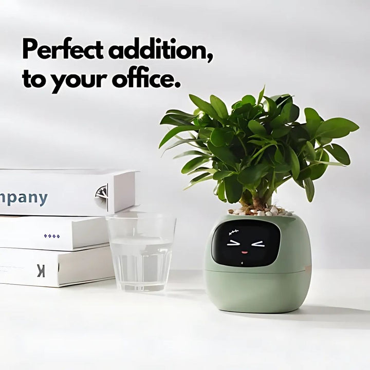 "Interactive AI Plant Pot with sleek design, smart care features, and over 70 visual expressions, perfect for tech-savvy plan