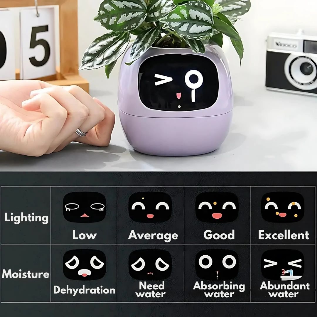 "Interactive AI Plant Pot with sleek design, smart care features, and over 70 visual expressions, perfect for tech-savvy plan