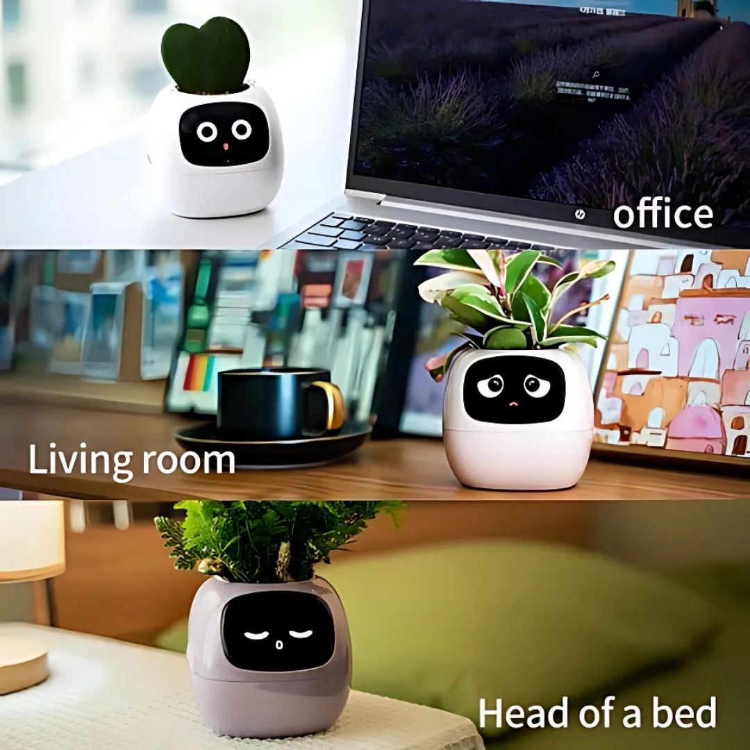 "Interactive AI Plant Pot with sleek design, smart care features, and over 70 visual expressions, perfect for tech-savvy plan