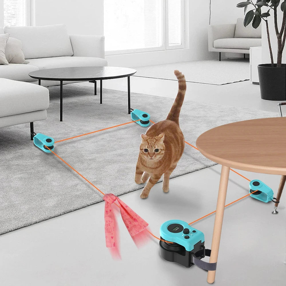 "Interactive cat hunting toy in blue, USB-powered with motion-based exercise, promotes mental stimulation and physical activi