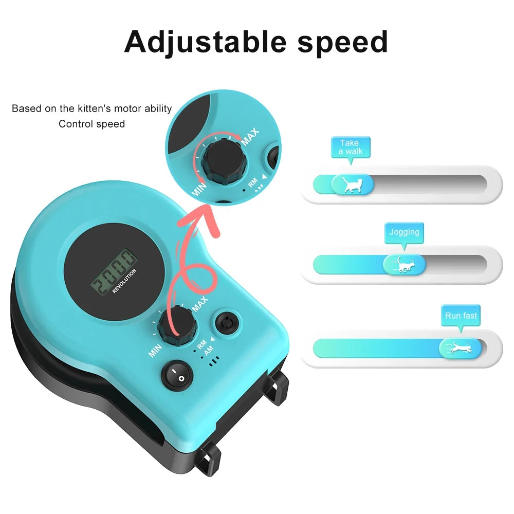 "Interactive cat hunting toy in blue, USB-powered with motion-based exercise, promotes mental stimulation and physical activi