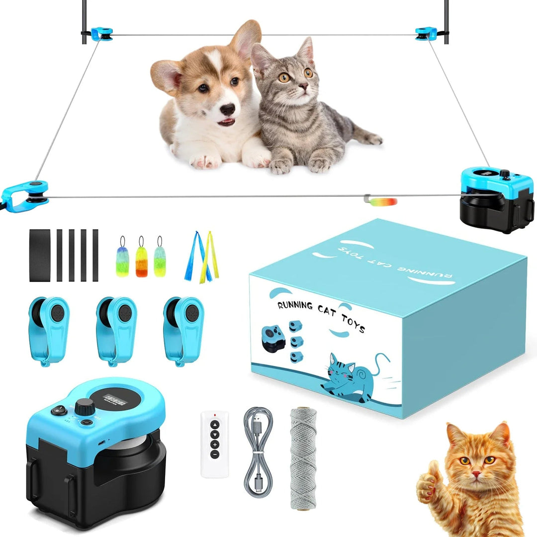 "Interactive cat hunting toy in blue, USB-powered with motion-based exercise, promotes mental stimulation and physical activi