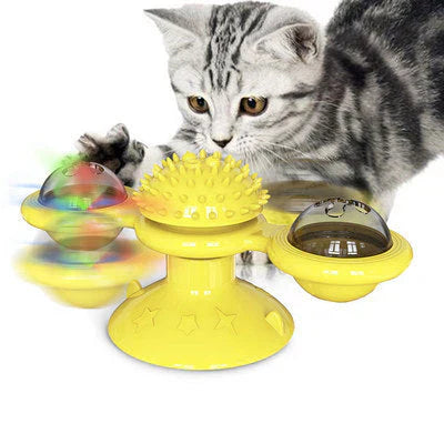 "Interactive cat windmill toy with vibrant colors, rotating design, and scratching surface for playful and dental health bene