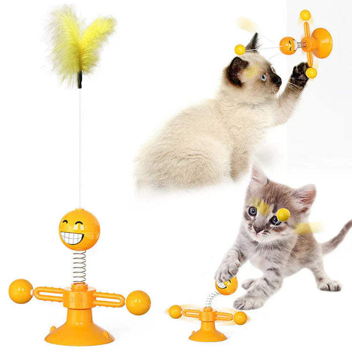 "Interactive cat windmill toy with vibrant colors, rotating design, and scratching surface for playful and dental health bene