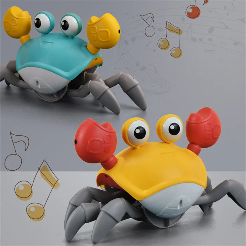 Interactive dancing crab toy for dogs with vibrant colors, glowing eyes, and musical features to engage pets in active play.