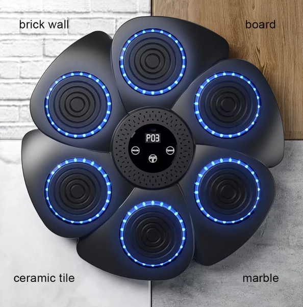 Interactive fitness boxing pad with RGB LED lights, Bluetooth, adjustable speed, and durable ABS material for home workouts.