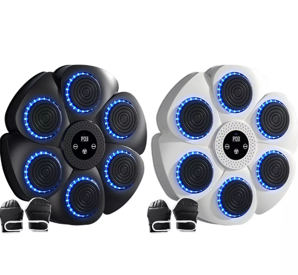 Interactive fitness boxing pad with RGB LED lights, Bluetooth, adjustable speed, and durable ABS material for home workouts.