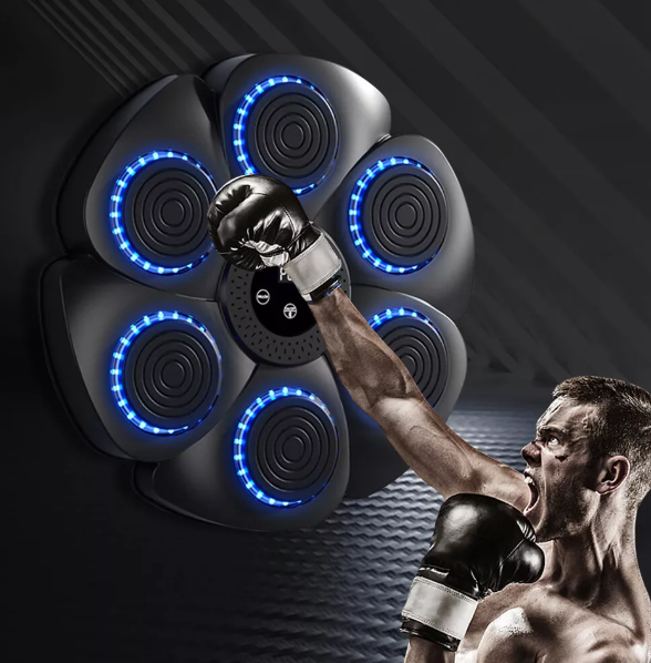 Interactive fitness boxing pad with RGB LED lights, Bluetooth, adjustable speed, and durable ABS material for home workouts.