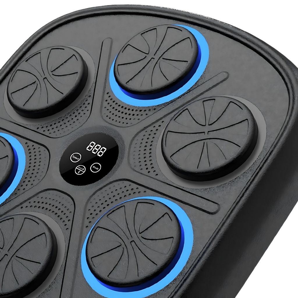 "Interactive music boxing trainer with digital display and smartphone connectivity, front view in a home gym setting."