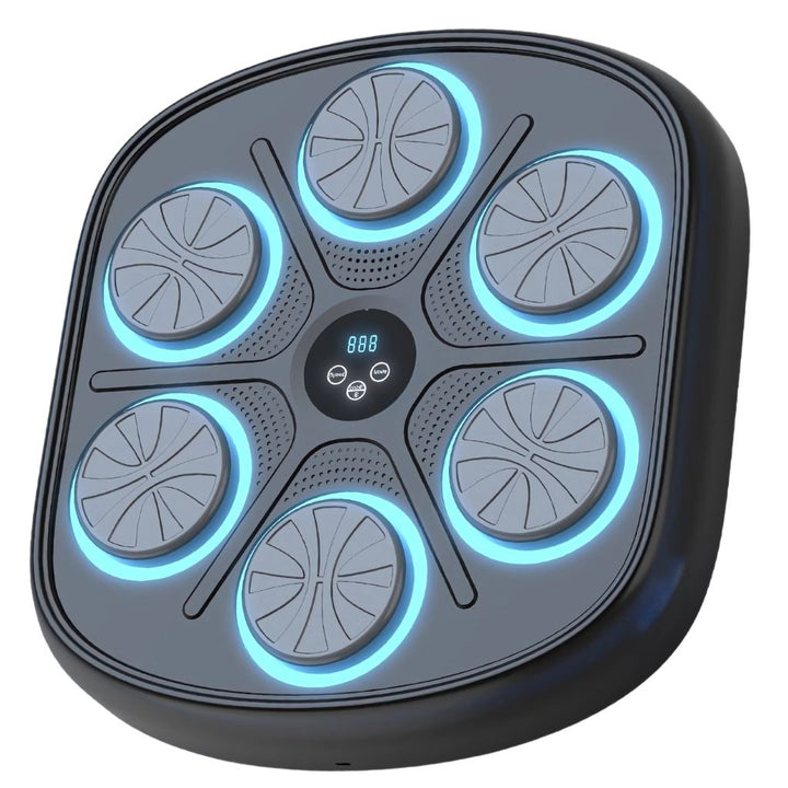 "Interactive music boxing trainer with digital display and smartphone connectivity, front view in a home gym setting."