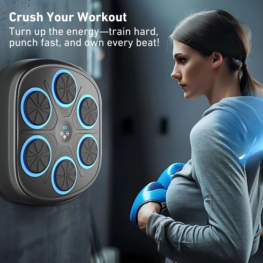 "Interactive music boxing trainer with digital display and smartphone connectivity, front view in a home gym setting."